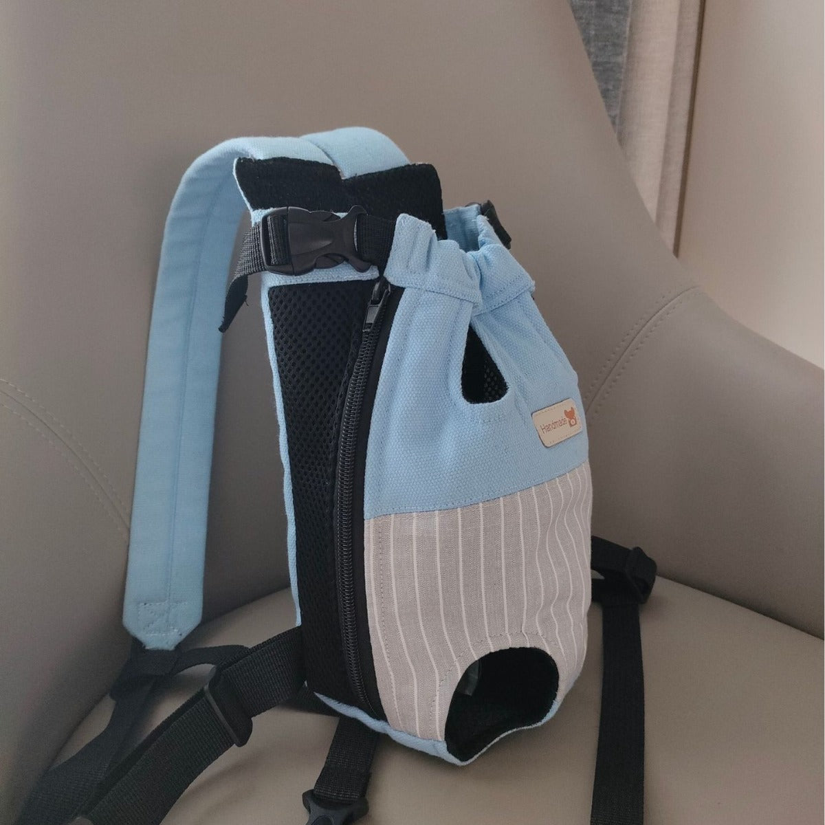 NNEDSZ Size L Blue-Gray Patchwork Pet Backpack Dog Carrier Cat Travel Bag - Breathable, Portable & Hands-Free Four-Leg Design